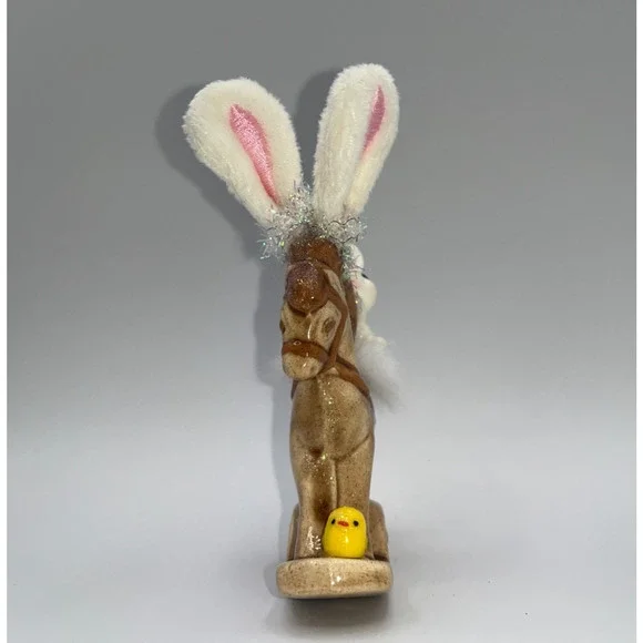 Vintage Ceramic Mini Rocking Horse Easter Bunny Chick Rider Faux Fur saddle OOAK - Picture 5 of 16